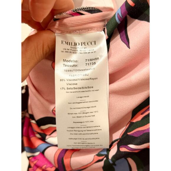 Emilio Pucci Tropical Print Long Sleeve Surplice V-Neck Midi Sheath Dress Pink 8 - Picture 4 of 5